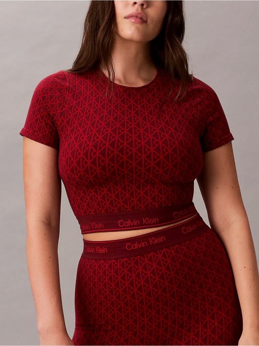 Calvin Klein Burgundy Jacquard Knit Crop Top with Logo Band